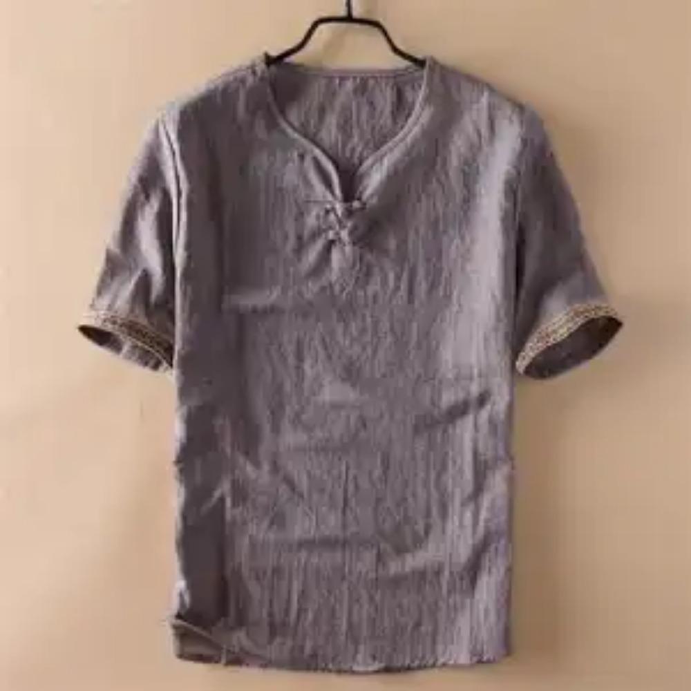 Men Chinese Style Vintage Printed Cotton Linen T Shirt Summer Male Casual V Neck Short Sleeve Breathable Tops Ropa Hombre M-5XL