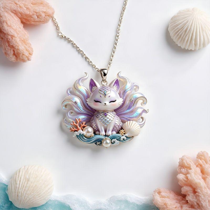 Chinese Mythology Nine-tailed Fox Enamel Pendant Necklace Fashion Minimalist Jewelry for Women Valentine's Day Gift for Her