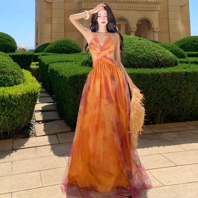 Island Vacation Dress Orange Floral Suspender Backless Thin Dress Seaside Beach Dress Women
