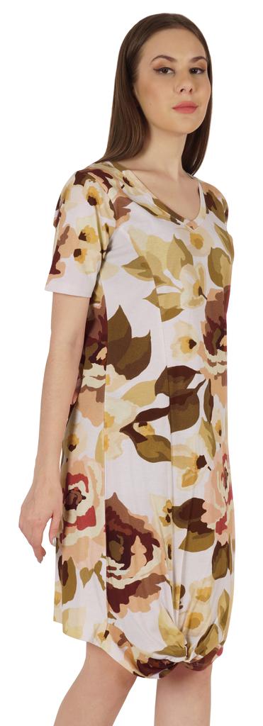 Moomaya Cotton Jersey Printed Midi Dress For Women V-Neck Summer Short Sleeves Knee Length