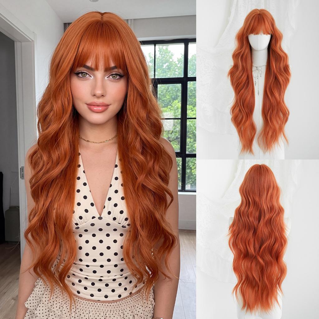 Light Blonde Long Curly Wig 32 Inch Straight Bangs Water Wave Voluminous Heat Resistant Synthetic Full Cap Wig for Women