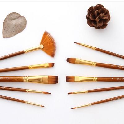 10Pcs/Set Nylon Bristles Artist Paint Brushes Set Wooden Pole Drawing Art Brush  Oil Painting