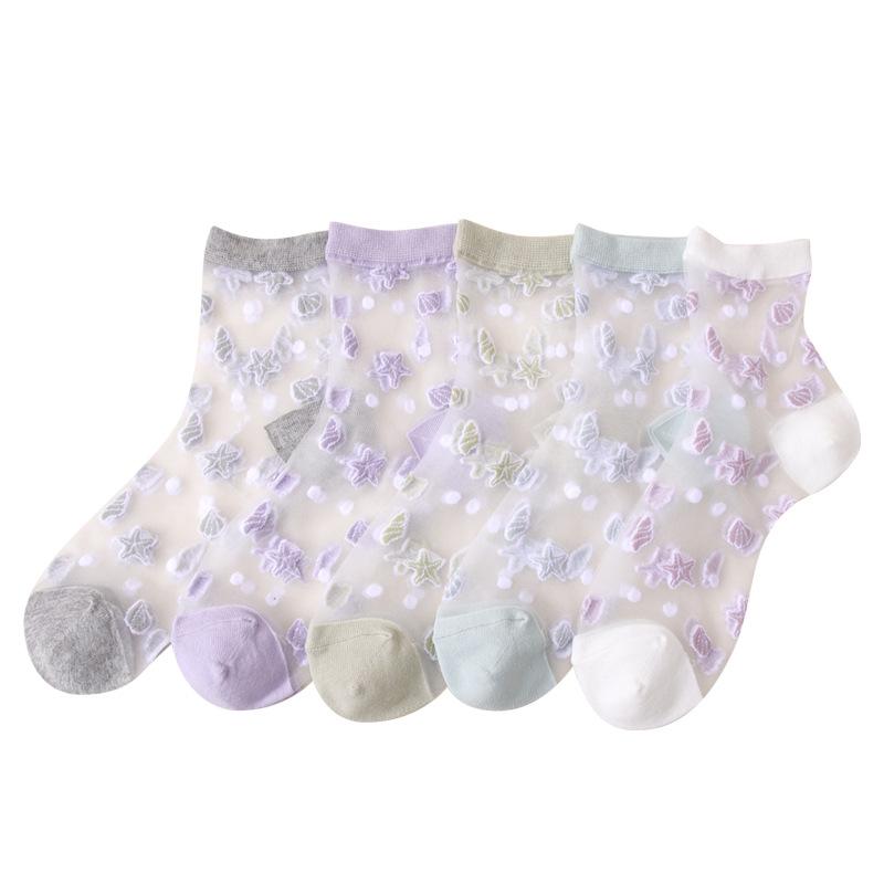 5 Pairs Women's Summer Thin Glass Fiber Midtube Socks Starfish Crystal Caisson Stockings