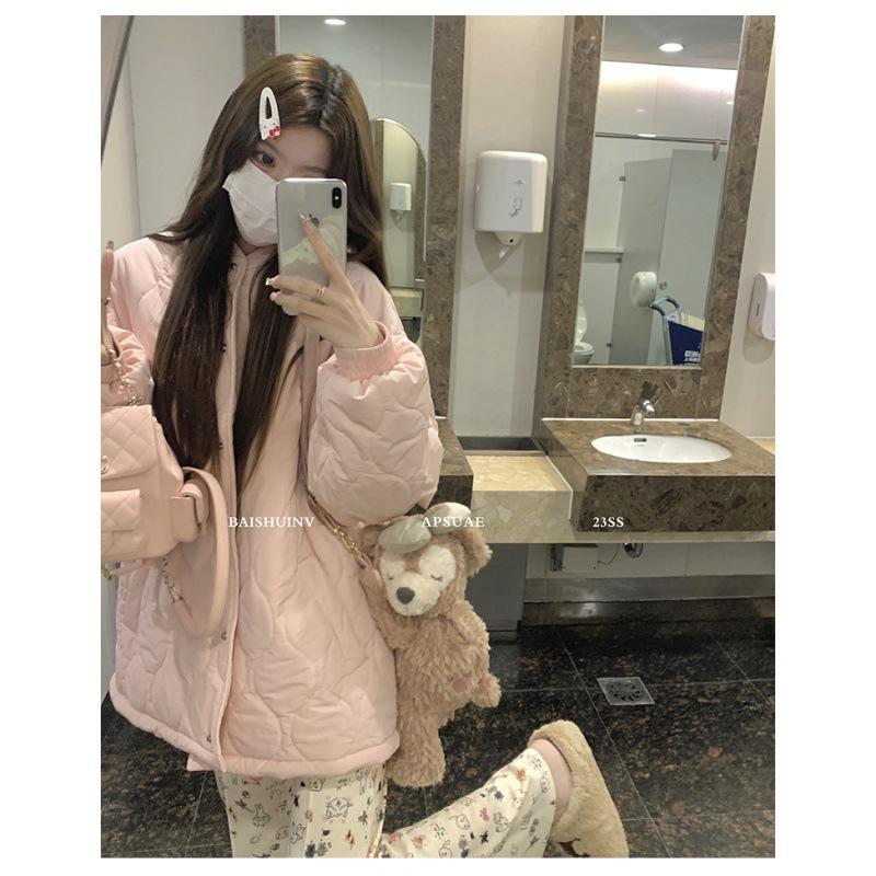 Winter down cotton-padded women's new lazy wind rhombus loose and thin small thickened cotton-padded clothes trendy
