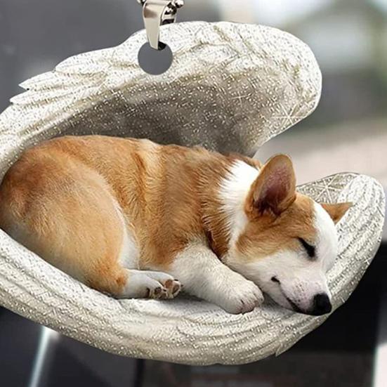 Dog Sleeping In Angel Wings Ornament 2D Flat Car Rear View Mirror Hanging Charm Pet Memorial Keepsake for Christmas Tree Car Interior Accessories