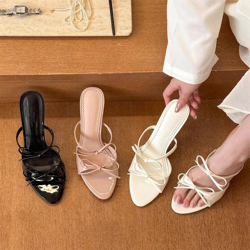 High heels women's summer 2025 new French nude word with bow sandals round head stiletto slippers women