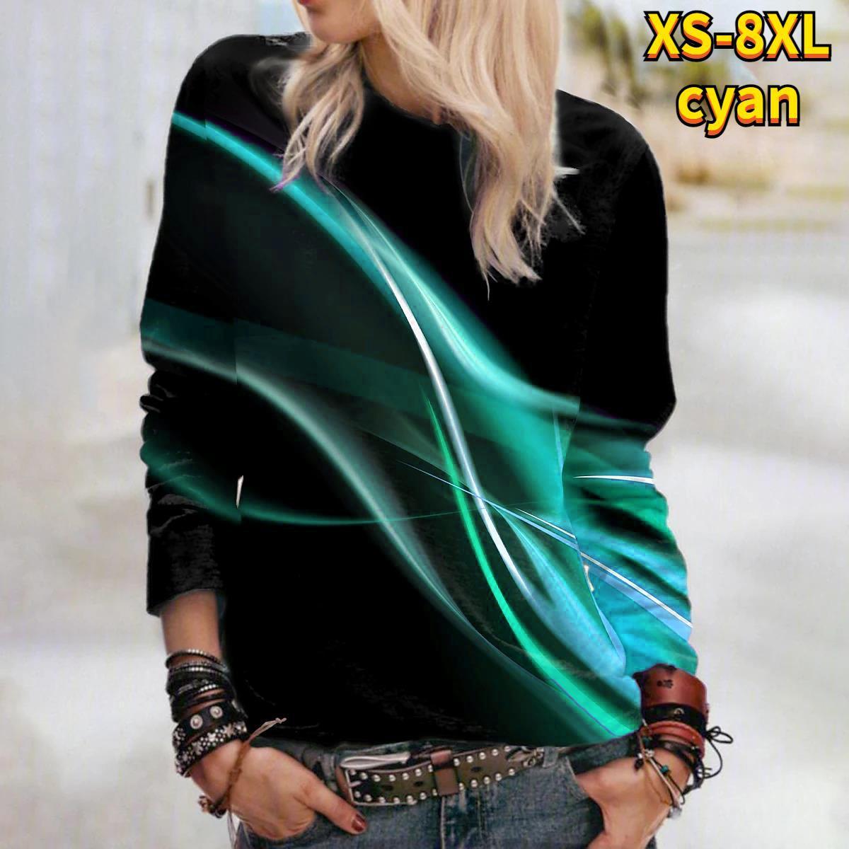 

Футболки с синей молнией и 3D принтом, женские топы, пуловер с длинным рукавом и круглым вырезом, женские футболки, футболка для женщин 3XL циан