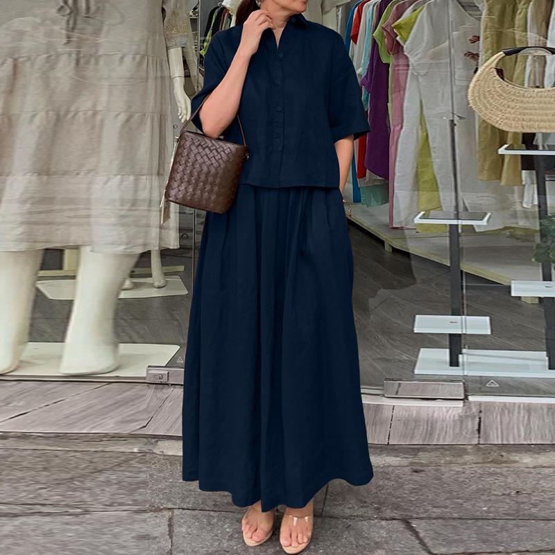 ZANZEA Women Half Sleeve Blouse and Long Skirts Casual Two Piece Suit Sets