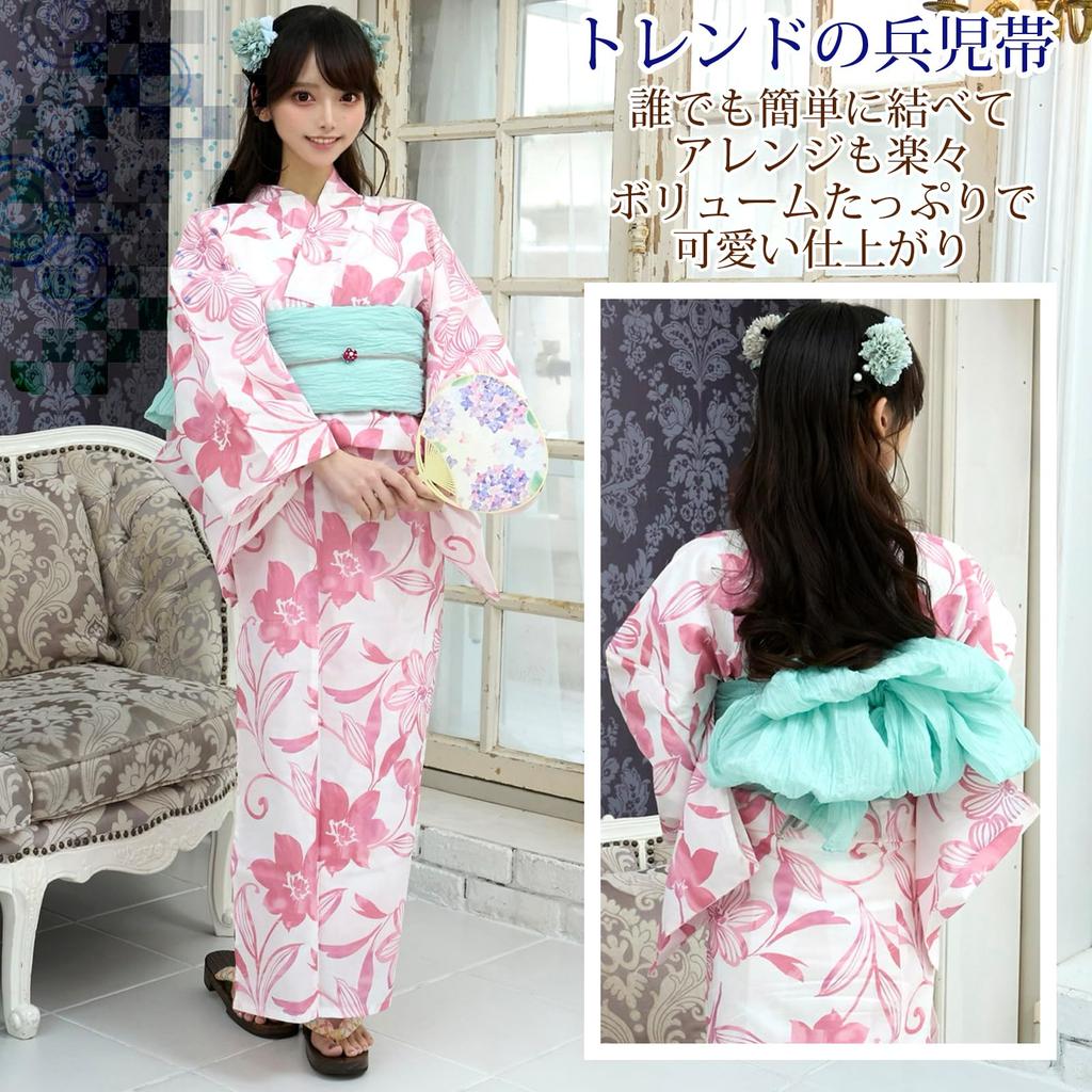 RAVIR Yukata Oppfriskende hvit bakgrunn med akvarell og myk rosa blomstermønster Inkluderer et fluffy obi-belte og en 3-delt sett for kvinner i én størrelse