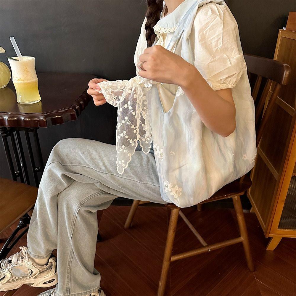 Fresh Color Vacation Tote Bag Large Capacity Shoulder Bag Literary Flower Embroidery Vest Bag  Men