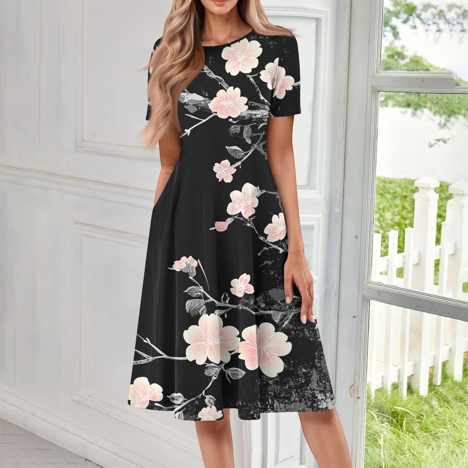 

Женское повседневное модное платье миди с круглым вырезом и коротким рукавом с принтом L чёрный