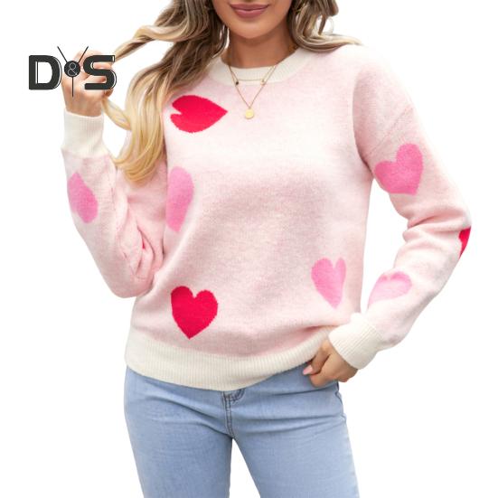 

Женский вязаный свитер с круглым вырезом и длинным рукавом в форме сердца, свободный крой, эластичный трикотаж, топы на День святого Валентина S розовый
