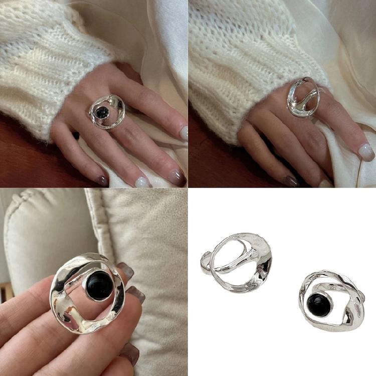 Artistic Irregular Black Onyx Ring Elegant Adjustable Opening Finger Accessories Geometric Twist Rhinestones Ring
