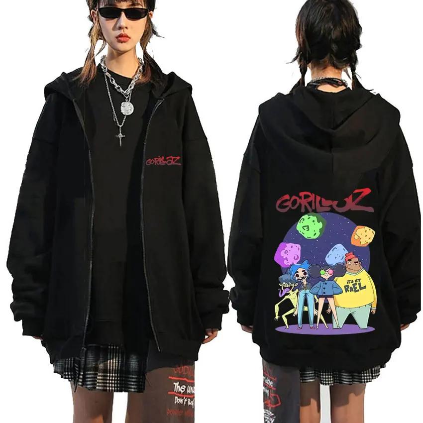 Anime Rock Band Gorillaz Demon Days Eyes Graphic Zipper Hoodie Men Hip Hop Fashion Oversized Zip Up Jacket Unisex Zip Up Sweatshirt