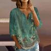 Women’s Floral Print Cotton Linen Henley Neck Button Front Three Quarter Sleeve Casual Loose Fit Shirt Top