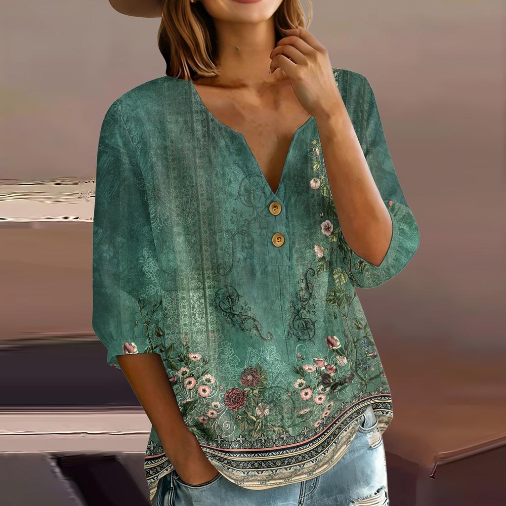 Women’s Floral Print Cotton Linen Henley Neck Button Front Three Quarter Sleeve Casual Loose Fit Shirt Top