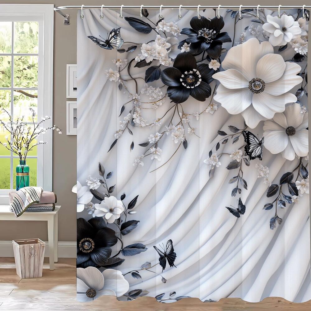 1 Piece Romantic Red Rose Flowers Shower Curtain, Bathroom Decorative Shower Curtain,Printed Polyester Home Curtain with Hooks