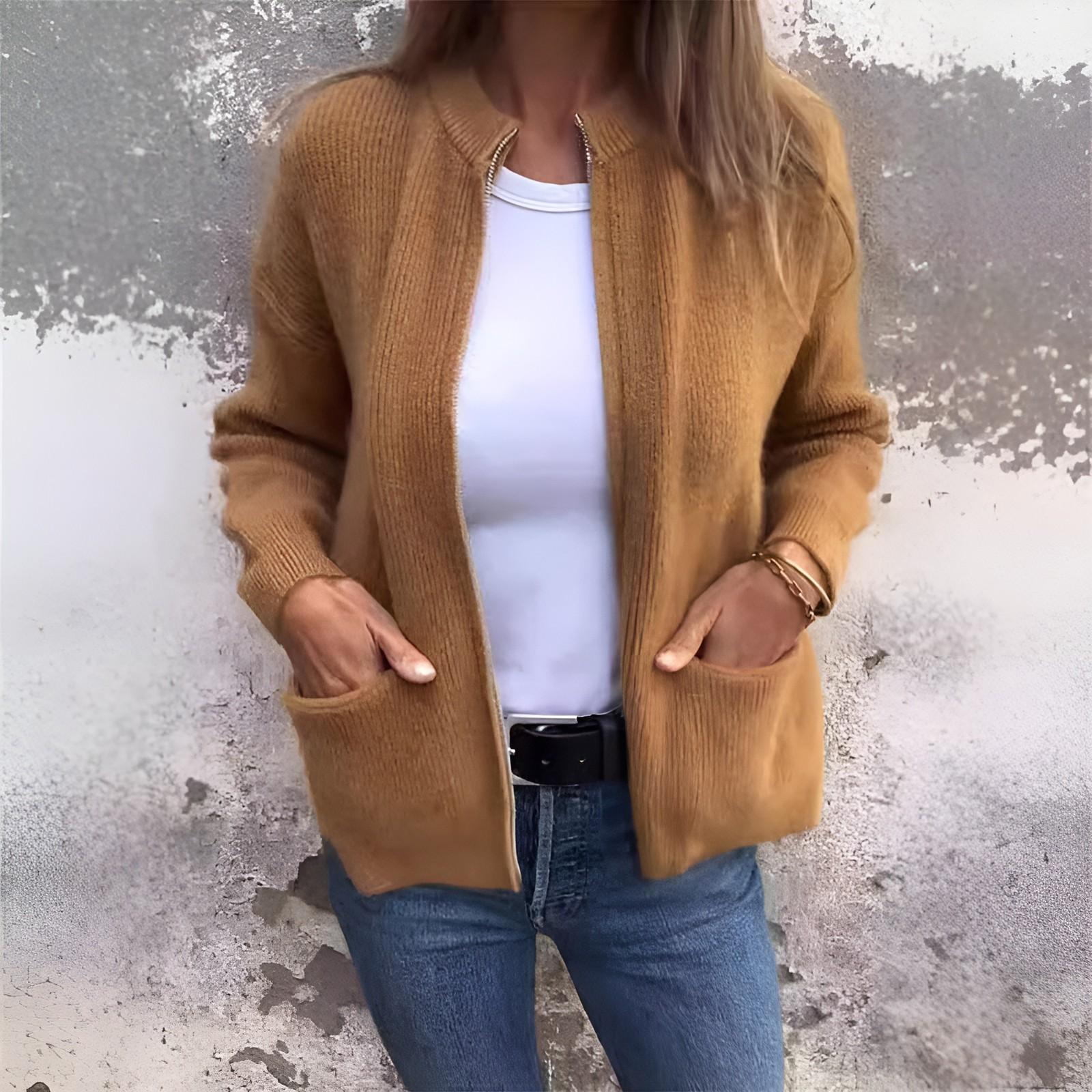 

Женская однотонная модная повседневная куртка с воротником-стойкой и застежкой-молнией, свободная куртка с карманами XXXL светло-коричневого