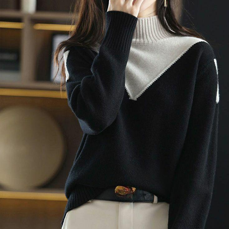 

Осенне-зимняя мода с полувысоким воротником и французским плетением, универсальные свободные и тонкие женские свитера L чёрный