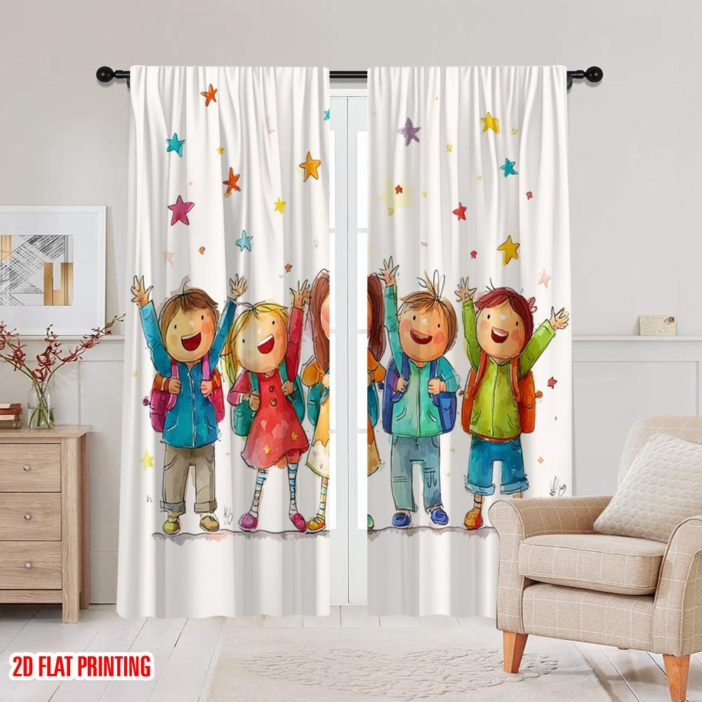 2pcs,2D Plane Printing Print Curtains Happy Youngsters Back To School Versatile Durable Polyester (without Rod) Festive Use for