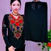 Plus Size Rhinestone Long-Sleeve V-Neck Top for Middle-Aged Women - Tummy Concealing, Age-Reducing, Warm Fleece.