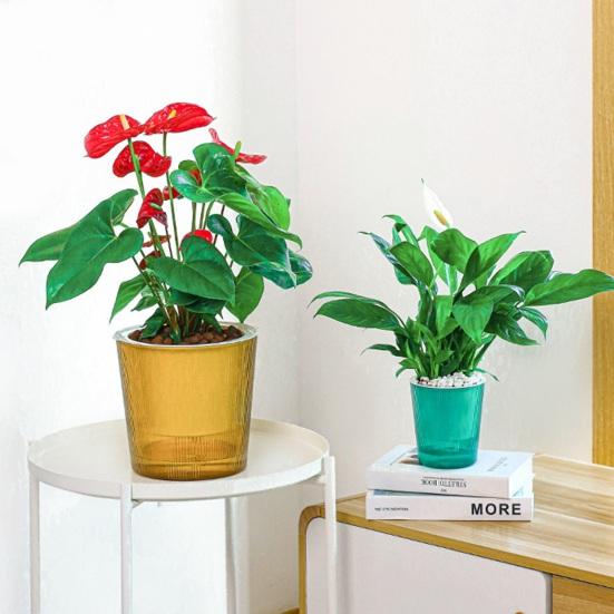 Vaso de Flores Autoirrigável Plástico Listrado com Cordas de Pavio Reservatório de Água Vaso para Plantas de Interior para Mesa Escritório Decoração de Casa
