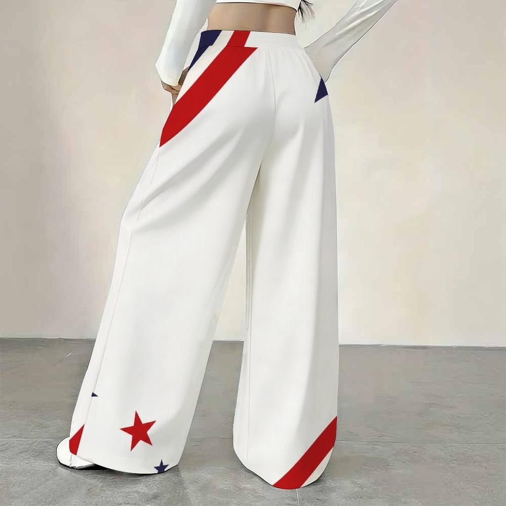 Women Plus Size Beige Star Striped Printed Loose Straight Leg Full Length Pants