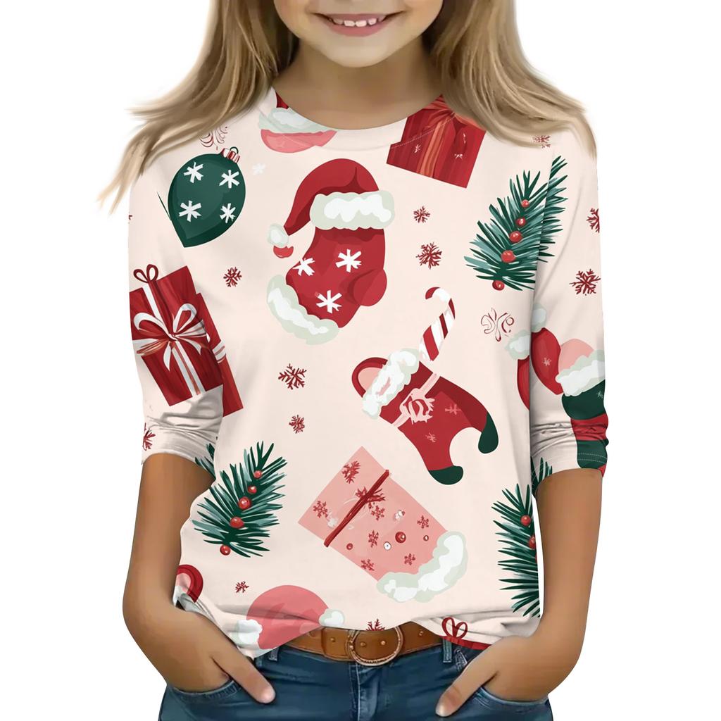 Christmas Day Print Tops For Youth Girls 5-16 Years Round Neck 3/4 Sleeves T-Shirts Trendy Tops Outfit Tees