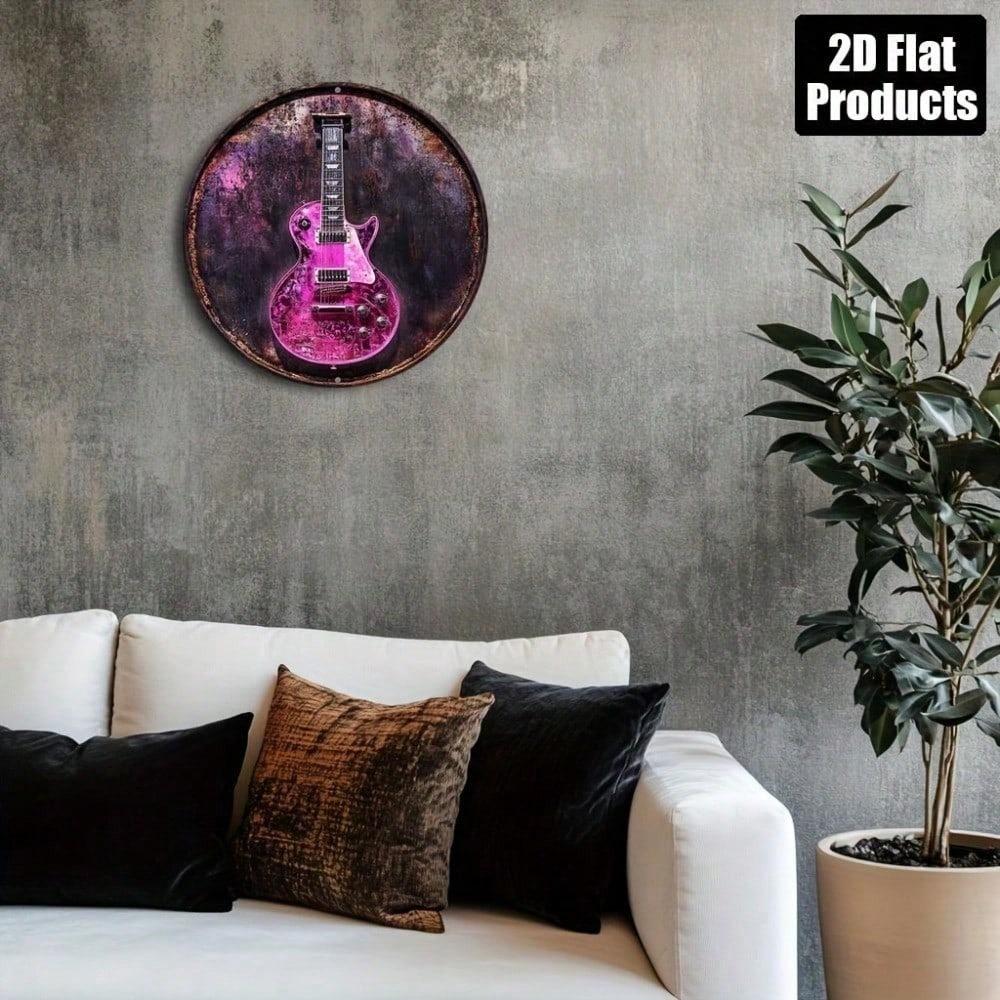 Vintage Guitar Metal Wall Sign 8x8 Inch Round Rustic Aluminum Plaque Distressed Home Bar Office Decor