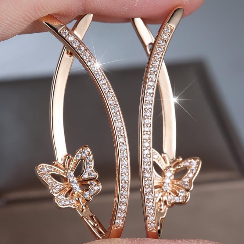 Fashion Gold Color Geometric Butterfly Earrings for Women Zircon Micro Inlaid Long Drop Earrings Exquisite Wedding Jewelry