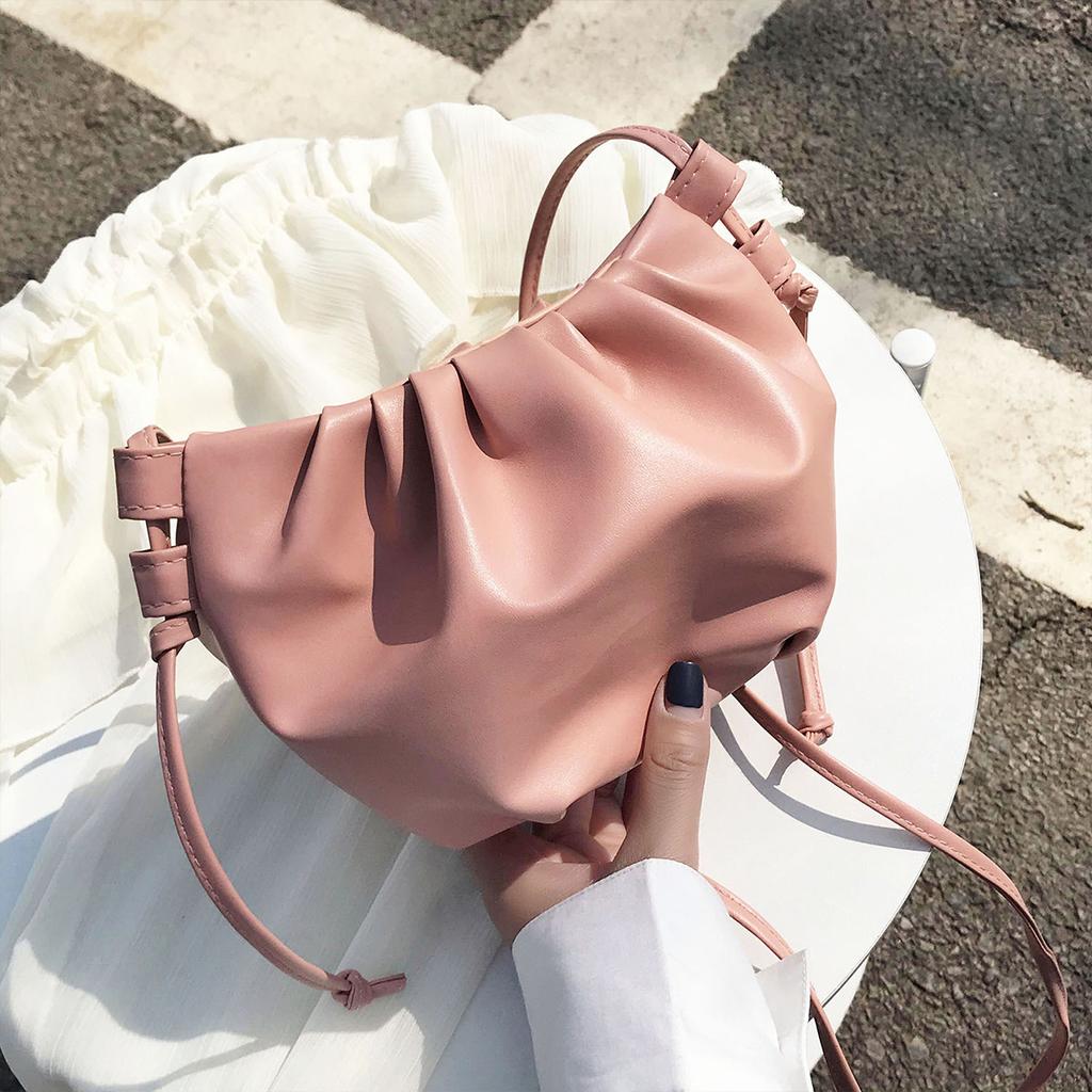 Shoulder Bag for Women Lightweight Mini PU Crossbody Bag with Wrinkle Opening and Drawstring Closure for Daily Commute Travel