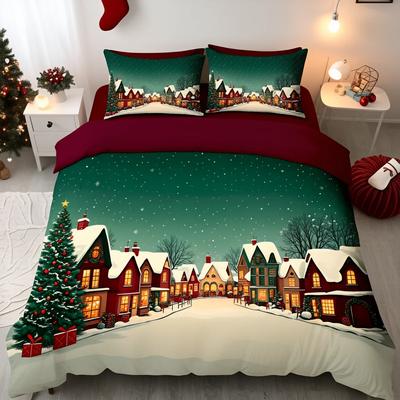 3-teiliges Weihnachtsgeschichte Stadt Bettwäscheset Bettbezug Warmes Dorfdruck Weich Polyester Queen-Size Heimdeko Weihnachtsgeschenk