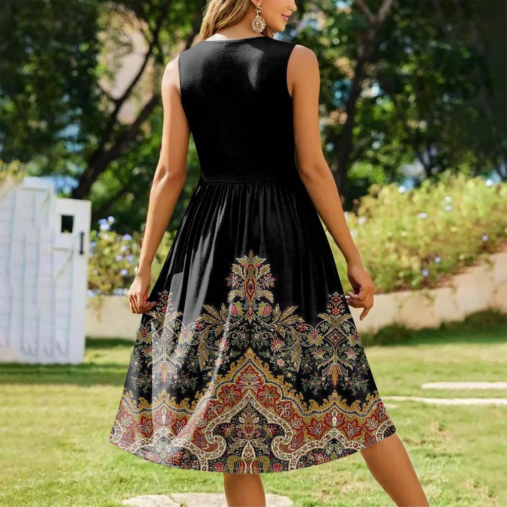 Women's Fashionable Printed Round Neck Sleeveless Casual Pullover Pocket Mid Length Dress