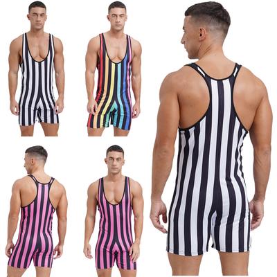 Macacão Masculino para Esportes Aquáticos Surfe Fitness Listrado Curto Collant de Luta Modelagem Justa Shorts de Boxe Macacões Modeladores para Bodybuilding