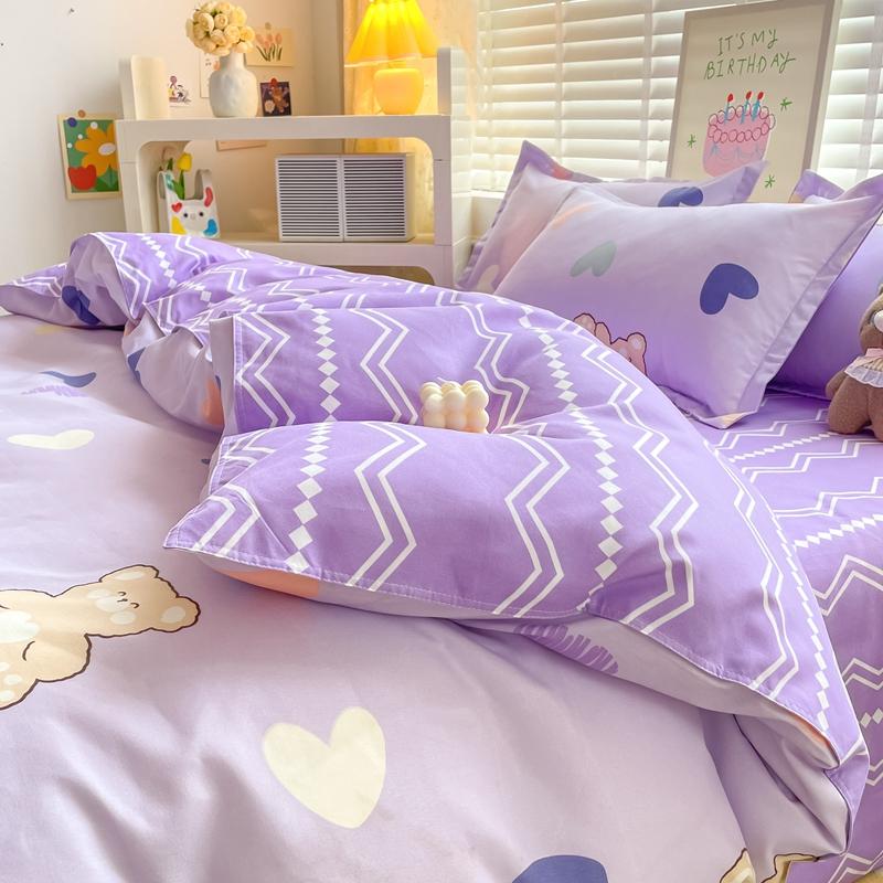 Cartoon Bear Duvet Cover Twin Queen Size 4Pcs Romantic Love Heart Bedding Set For Boys Girl,Reversible Geometric Comforter Cover