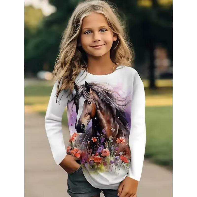 Girl Clothes Fashion Horse 3D Print Kids Long Sleeves T-Shirt Loose Casual Autumn Tops Outdoor Comfortable Children's Clothing