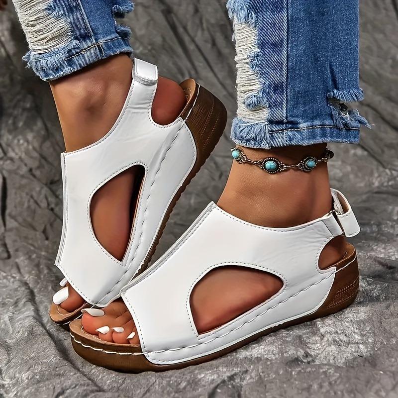 Mid Heel Strappy Back Sandals - Soft PU Sole, Comfortable Open Toe, Ankle Buckle, Side Cut Out, Solid Color Pull-On Shoes for Women