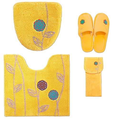 4-Piece Toilet Mat Set, Nordic Yellow, with Washing and Heated Lid, Slippers, and Paper Holder Cover, for Good Fortune, Oka Etoff Floral Design, Feng