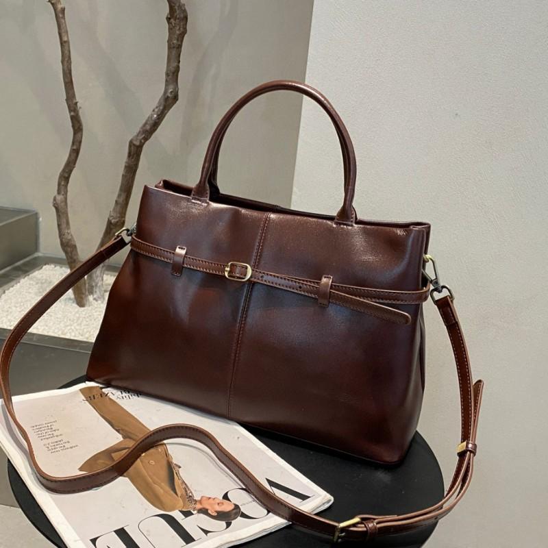 2025 New Top-layer Vegetable Tanned Cowhide Large-capacity Tote Bag Belt Decoration Portable One-shoulder All-matching Commuter Women's