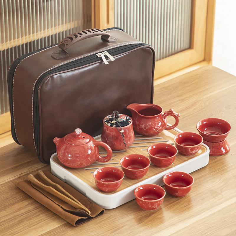 Travel ceramic Kung Fu tea set, tea tray, a full set of portable storage bags, practical business gifts for customers