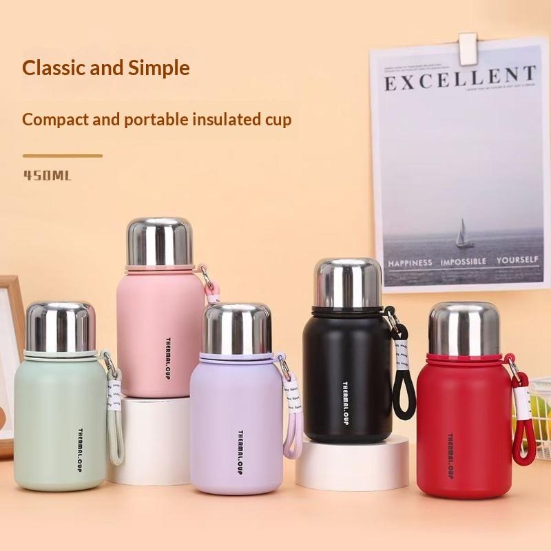 Edelstahl Thermoskanne 450ml Hält Heiß Kalt Auslaufsicher mit Lanyard für Winter Sommer Ganzjahresgebrauch