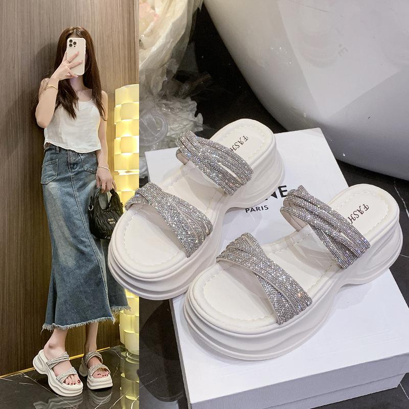 2025 New Fairy Rhinestone Word with Cool Slippers Waterproof Table High Heel Slippers Female Summer Wear Cool Slippers
