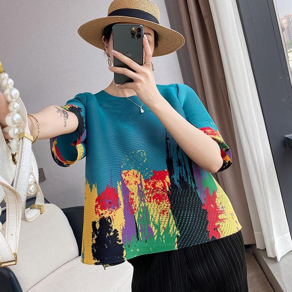 Wrinkled Spring Clothes Printed Mother Loose Sweater Mid-sleeve Summer Bottoming Shirt