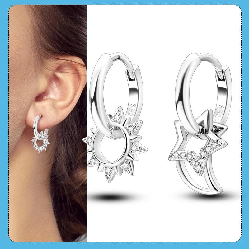 925 Sterling Silver Love Feather Moon Star Heart Earrings Fit Original Charms Hoop for Women Girls Stud Earring Jewelry Gifts