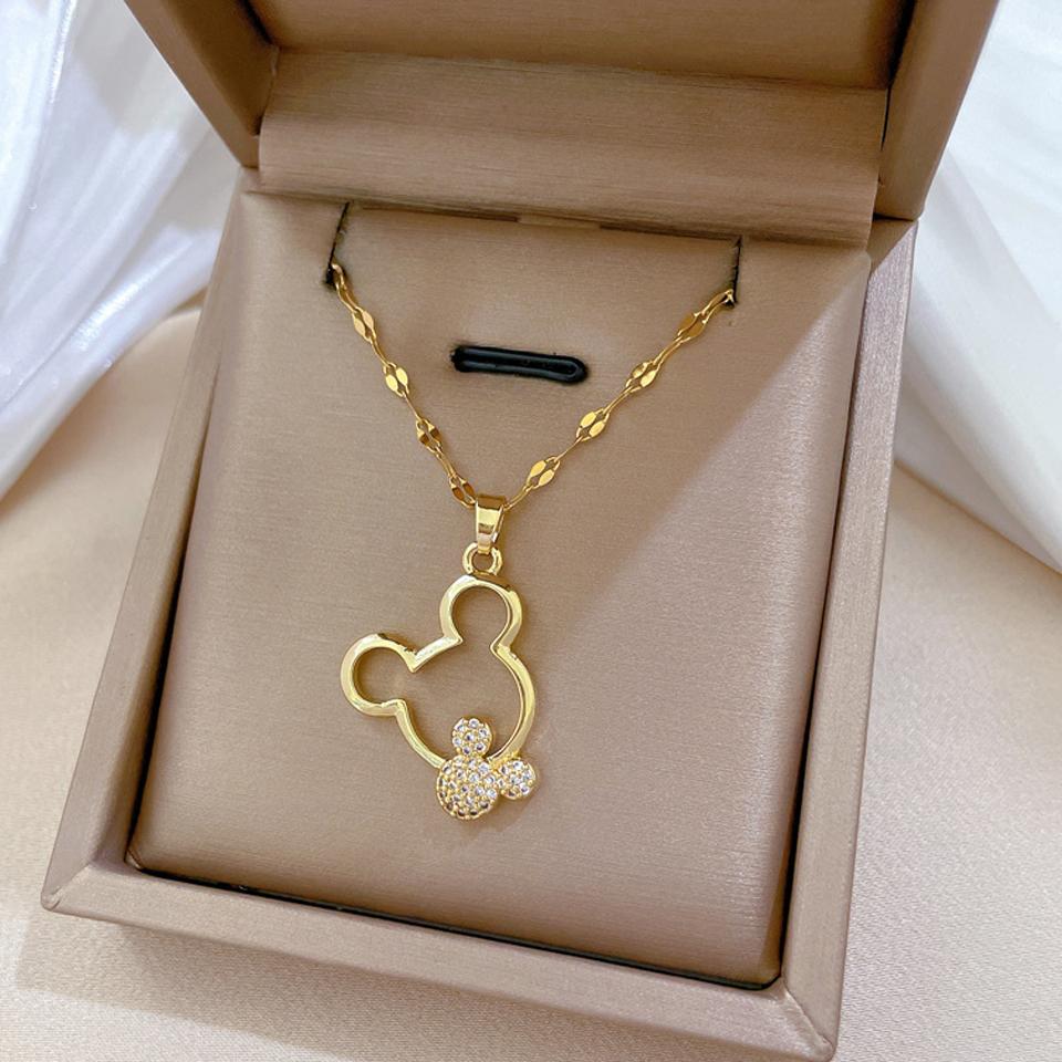 ZAKOL Gold Color Stainless Steel Hollow Mouse Head CZ Necklace for Women Cute Collar Accessories Girls Birthday Gift