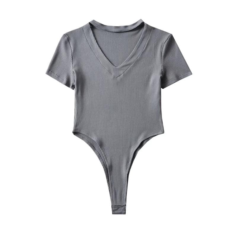 

Fashion Summer New V Neck Crotch Women s T-shirt Halterneck Pure Color Short Sleeve Stretch Silm One-Piece Fashion Bottoming Shirt Dark gray S
