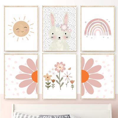 Boho Rabbit Flower Sun Rainbow Nursery Wall Art Canvas Painting Nordic Posters And Prints Pictures Baby Kids Room Bedroom Decor