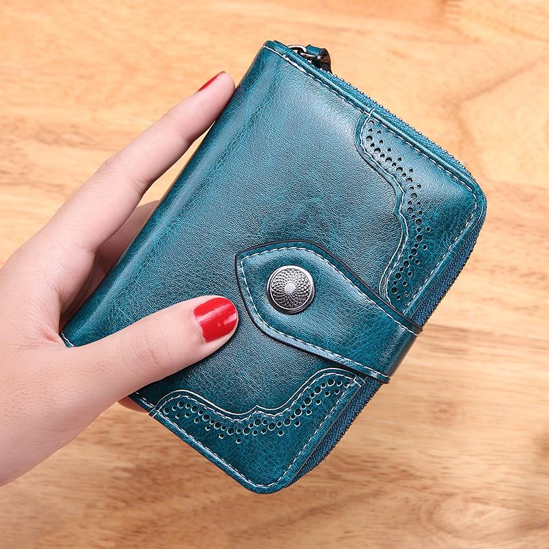 IELGY retro oil wax leather short zipper buckle small wallet for women