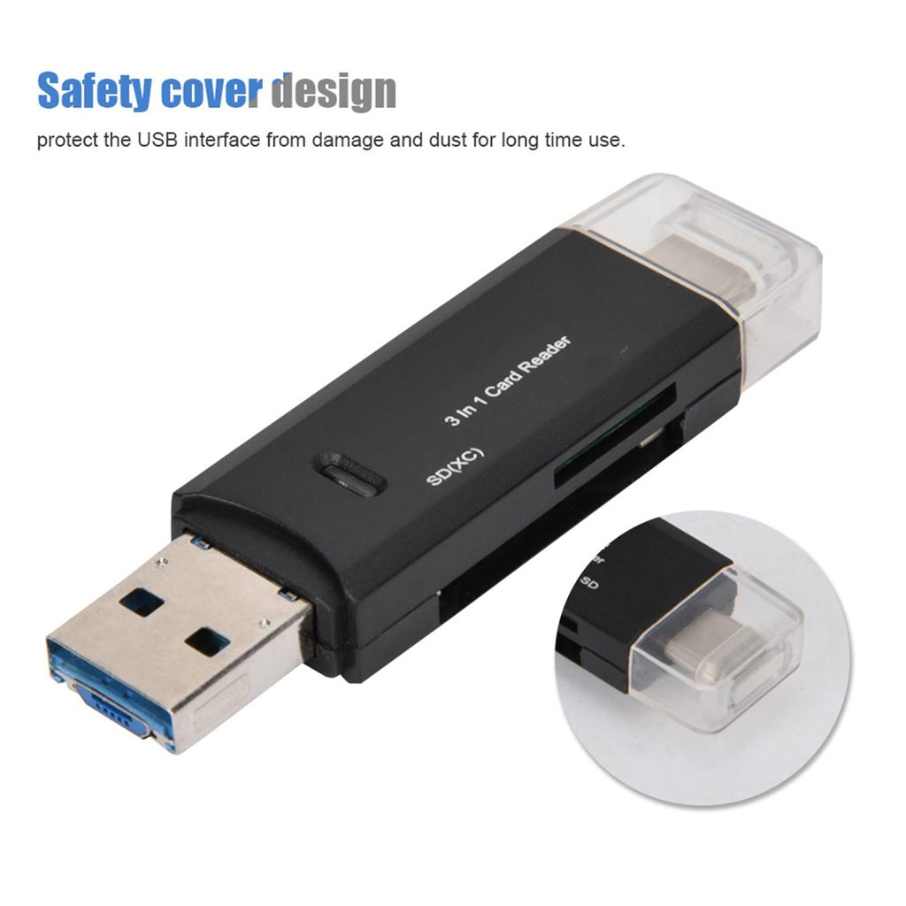 New Multifunctional 3 In 1 TypE C Micro USB Card Reader High Speed Transmission (Black)