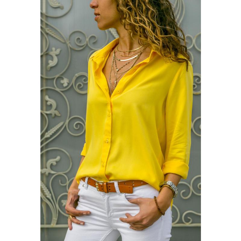Women's Spring Autumn Chiffon Blouse Long Sleeve Deep V Neck Button Down Solid Color Casual Office Plus Size Shirt for Ladies